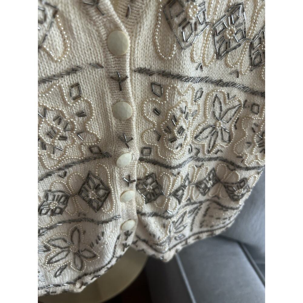 Vtg Cream Sweater Vest Beads Embroidered Flowers Grandma M/L - Picture 4 of 11